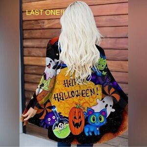 LAST ONE! Plus Size Happy Halloween Pumpkin Ghost Open Front Cardigan Sweater
